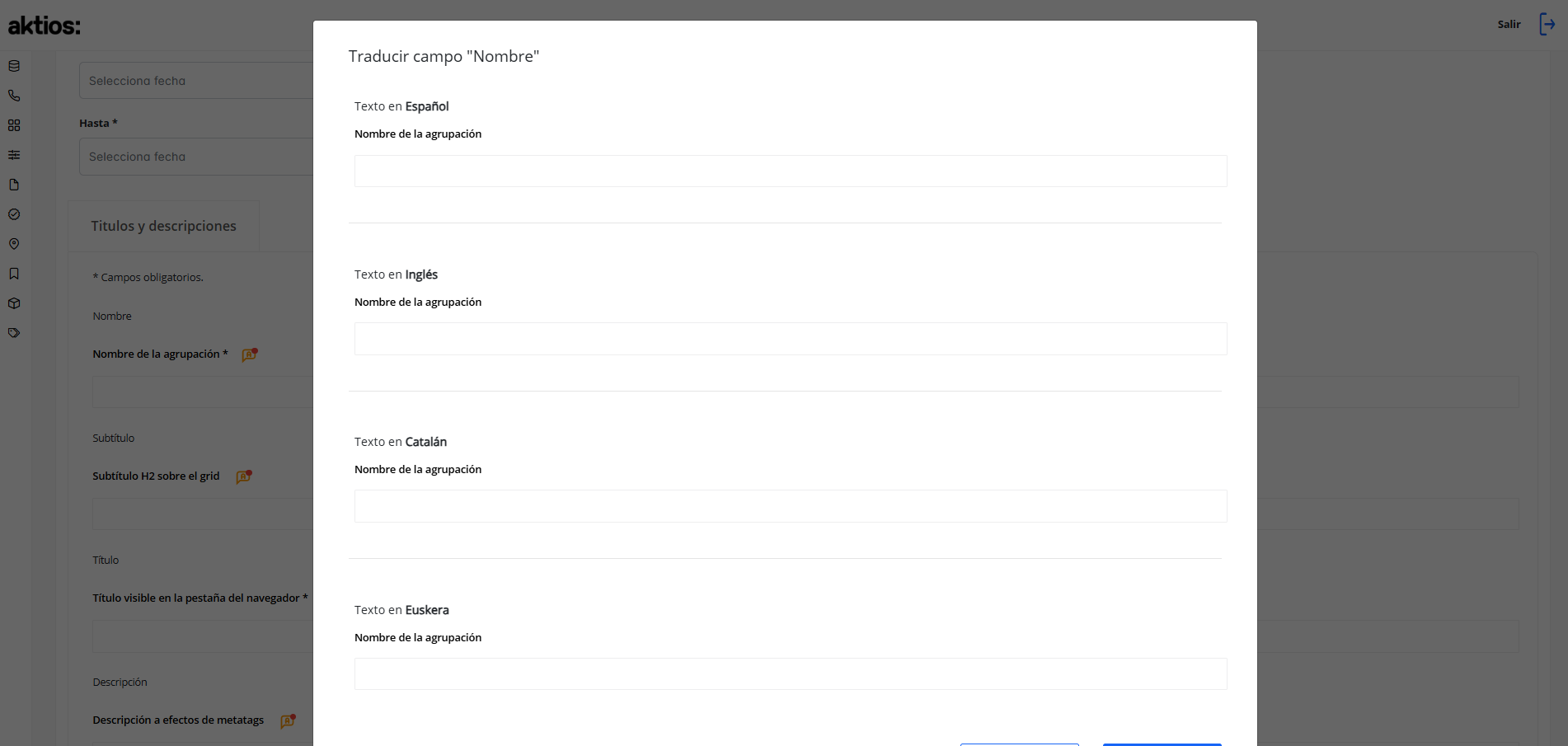 Modal de traducción de campo