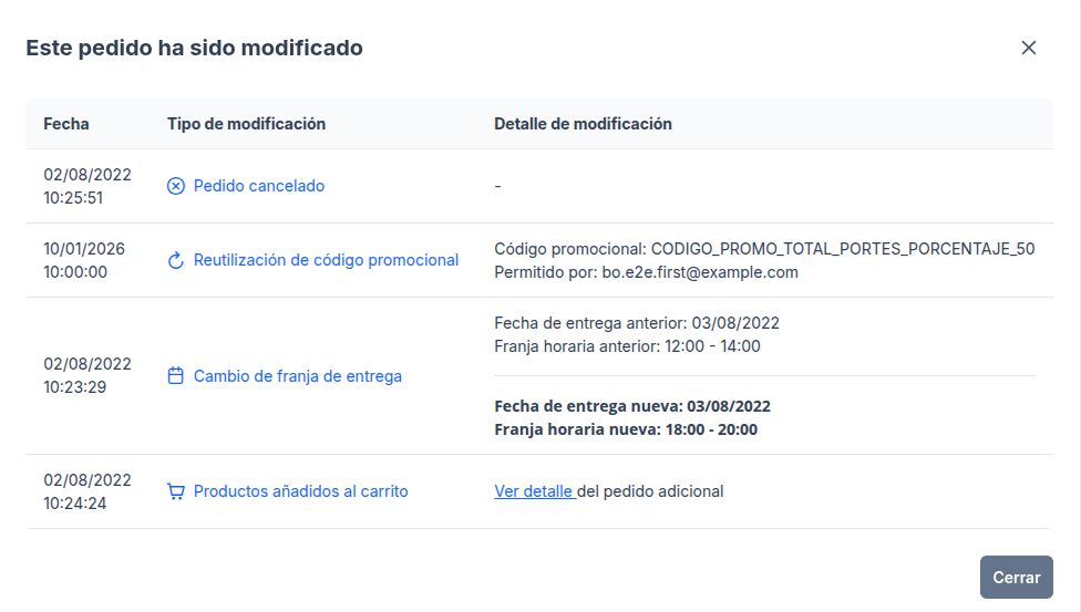 Traza en el histórico del pedido