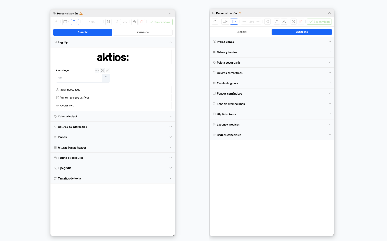 Secciones principales adicionales: Widget de producto, Tipografía y Tamaños de fuente