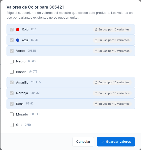 Valores de un tipo para el producto