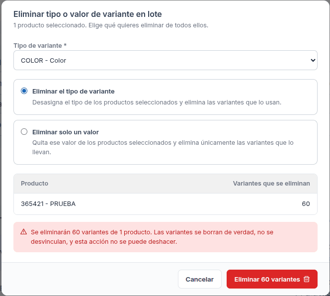 Eliminar un tipo o valor en lote