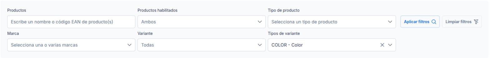 Filtros de variante en el listado de productos