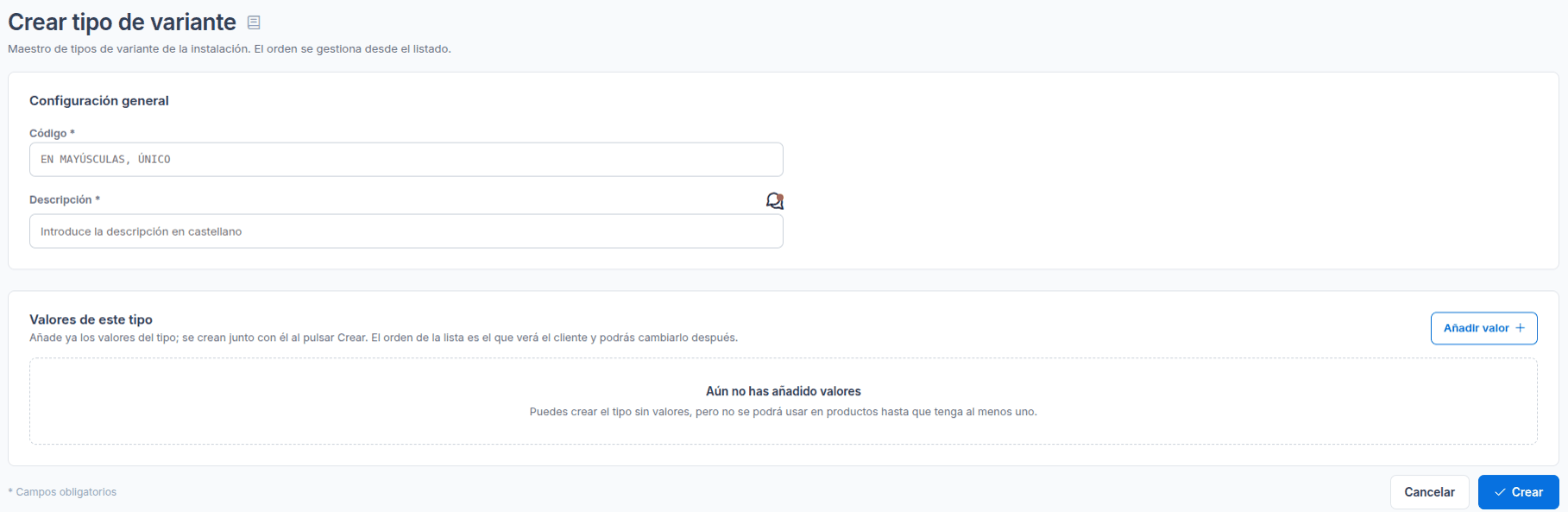 Crear tipo de variante